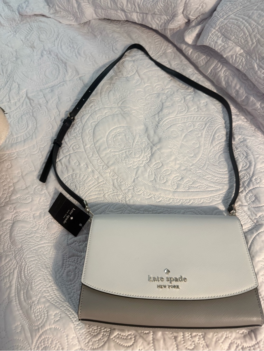 kate spade Two-Tone Crossbody Bag in White and Taupe with Black Strap